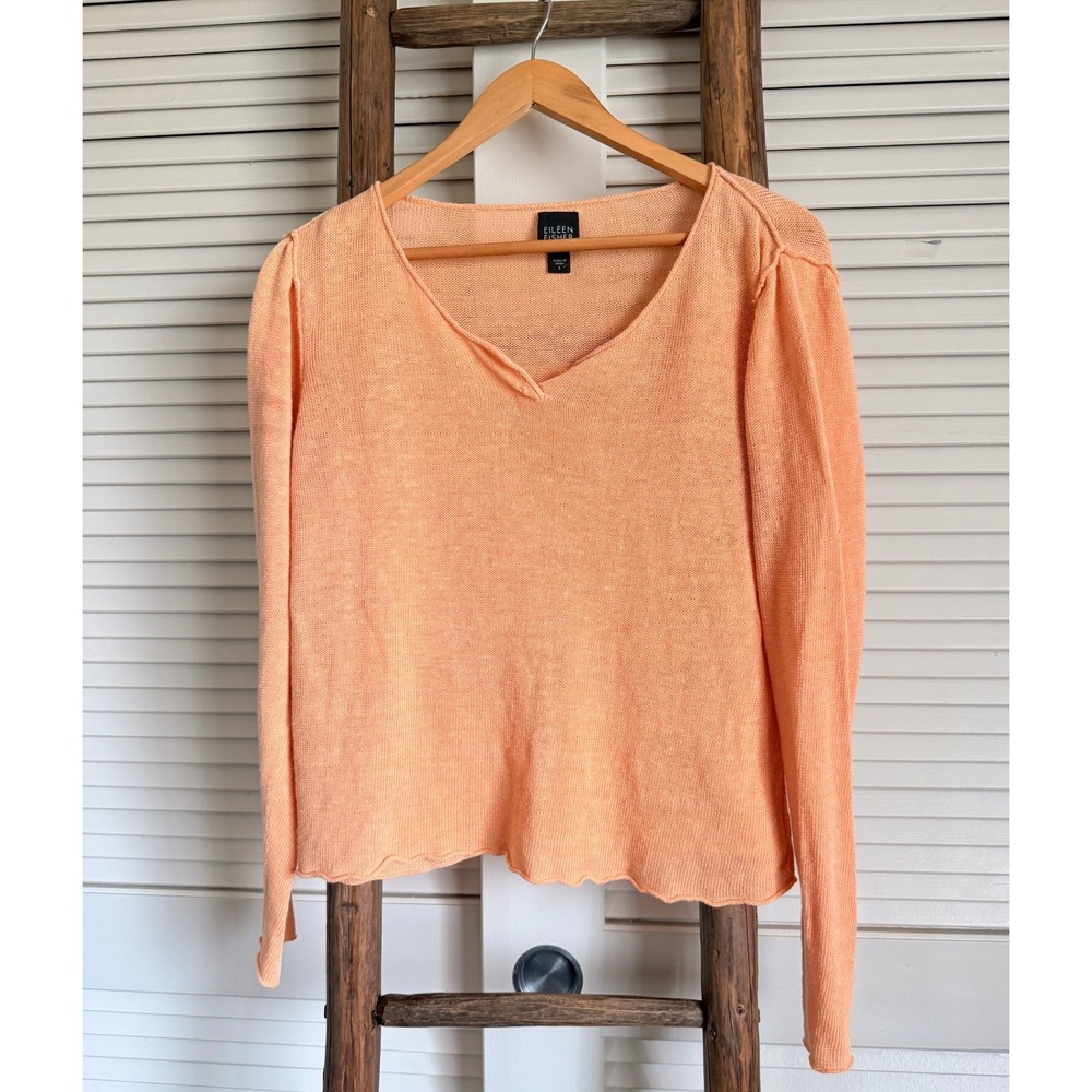 Eileen Fisher‎ 100% Linen V-Neck Sweater Peach Apricot Puff Sleeve Small